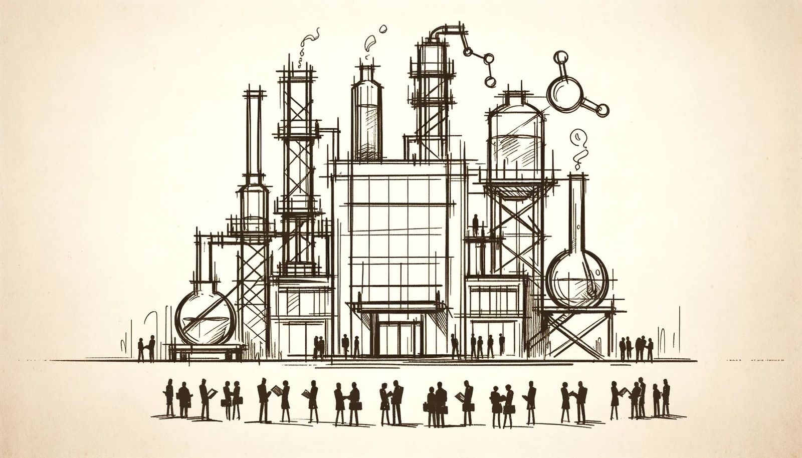 A sketch of people standing in front of a company building.